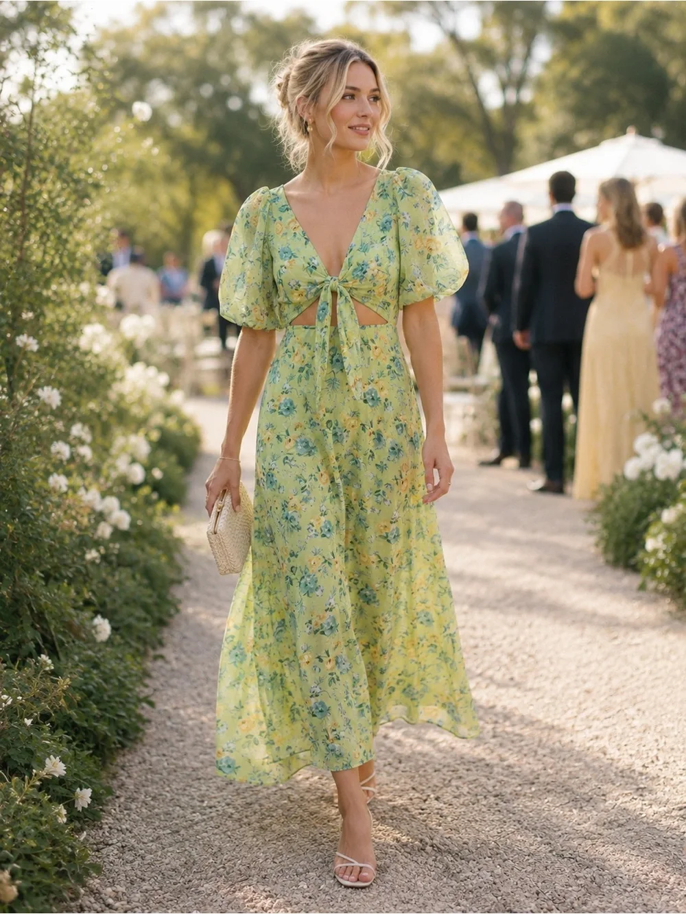 Floral Dress Tie-Front Puff Sleeve Midi Lemon Green Dress MSRP $82 - Picture 1 of 5